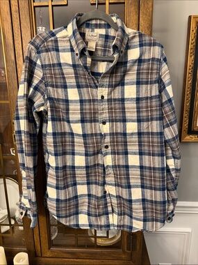 L.L. Bean Men’s Blue, Brown & White Plaid Button-Down Shirt